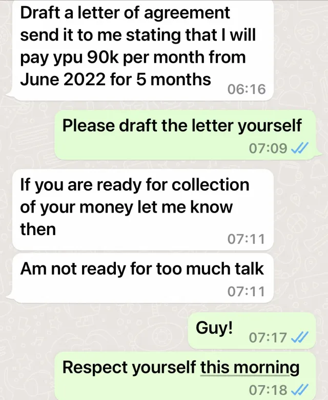 Man shares terms and conditions received from debtor owing sum of N450K