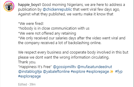 "We are not here to spoil your name, don't spoil ours" - Sacked security officers slam Chicken Republic over disclaimer (Video)