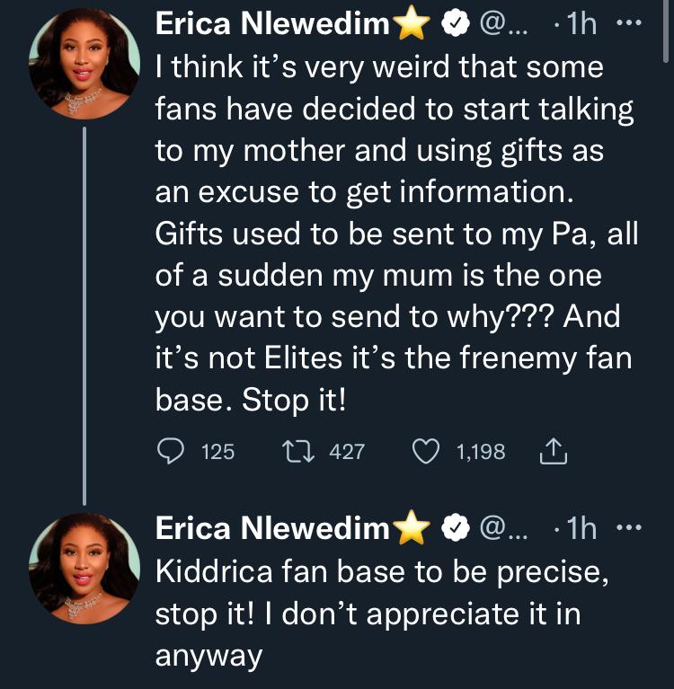 "Stop it, I don't appreciate it" - Erica Nlewedim lashes at Kiddrica shippers who send gifts to her mother in order to get information