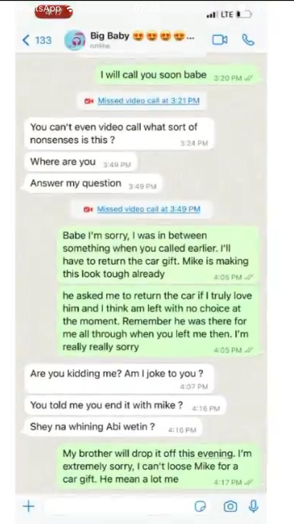 "I can't lose him for a car" - Lady returns car gift to ex over issues with boyfriend (Video)