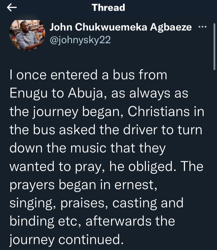 Man narrates encounter with religious people who prayed loudly on bus but slammed him for praying traditionally 