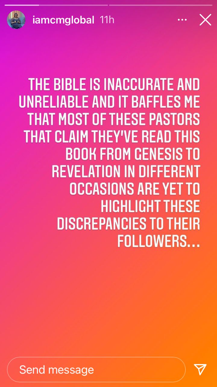 “Bible is inaccurate and unreliable, reading it can put you in serious problem" - Cynthia Morgan sparks controversy