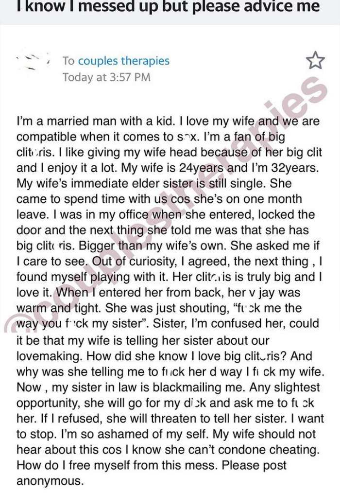 Married man cries for way out amidst blackmail from sister-in-law whom he slept with 'out of curiosity'