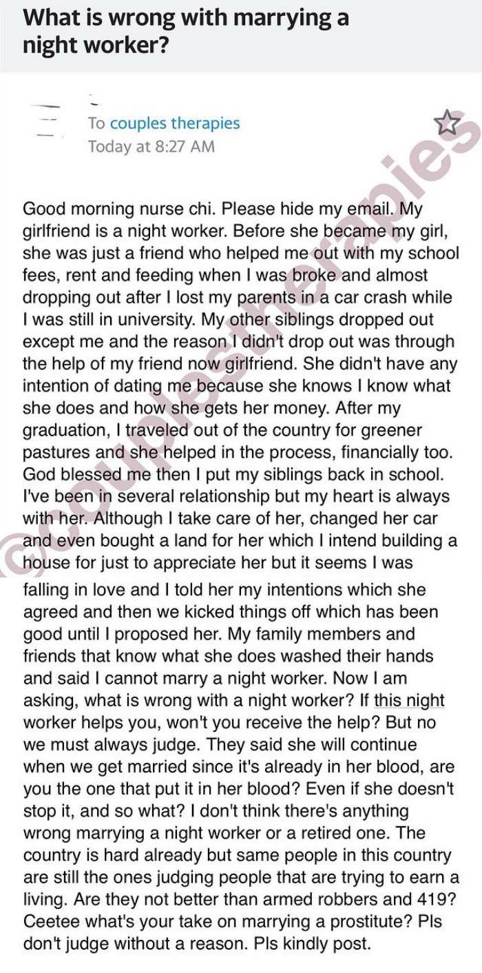 Man cries out for advice as family and friends condemn his marriage to 'night worker' that sponsored his education