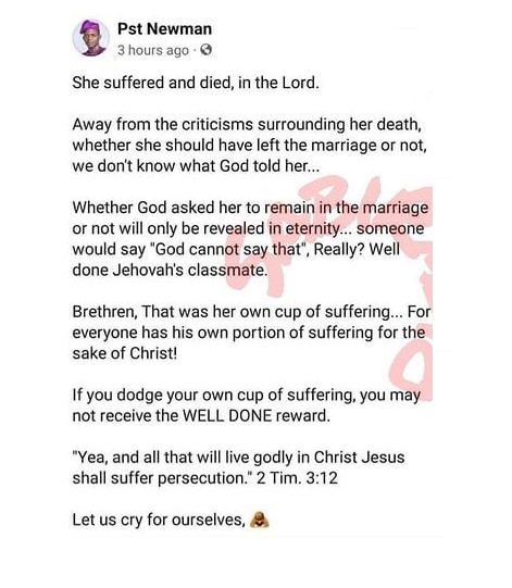 "God asked Osinachi to remain in the marriage, she suffered and died in the Lord" - Pastor drops his two cents on death of singer