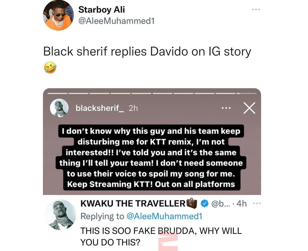Black Sherif slams Wizkid FC for creating fake post about him bashing Davido for collaboration