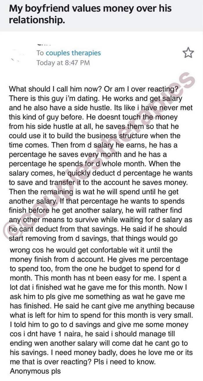 "Is my boyfriend stingy or am I the one overreacting?" - Lady laments over boyfriend's saving culture