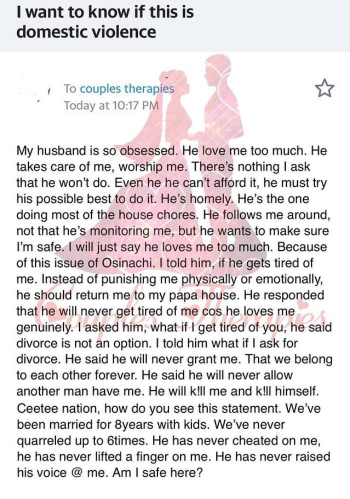 Woman seeks advice over husband's shocking response on divorce amidst domestic violence cases