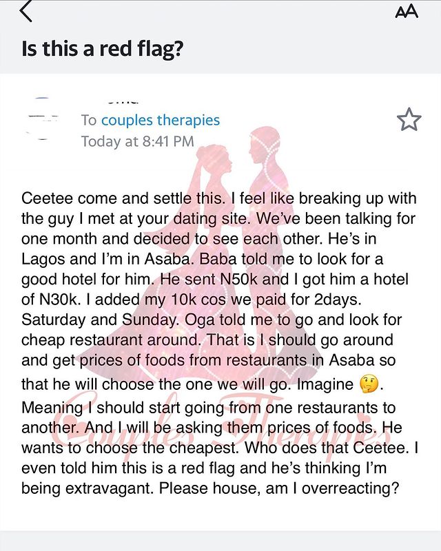 Lady makes move to end relationship as prospective boyfriend quest her to hunt for the cheapest restaurant in town