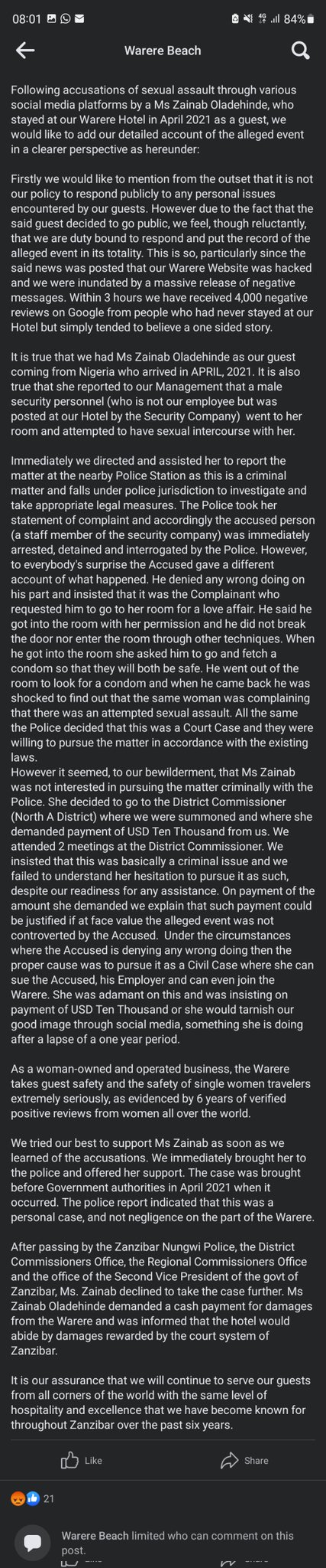 Warere hotel in Zanzibar narrates side of story with 23-year-old Nigerian lady who was assaulted on their property