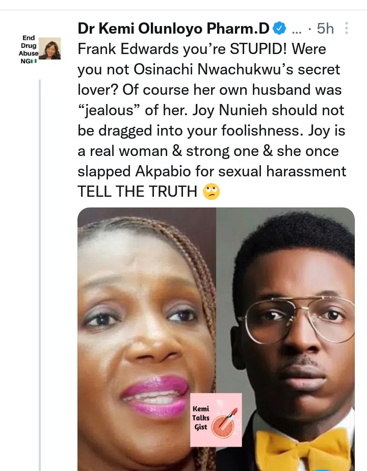 Kemi Olunloyo calls out Frank Edwards for being late Osinachi Nwachukwu's secret lover
