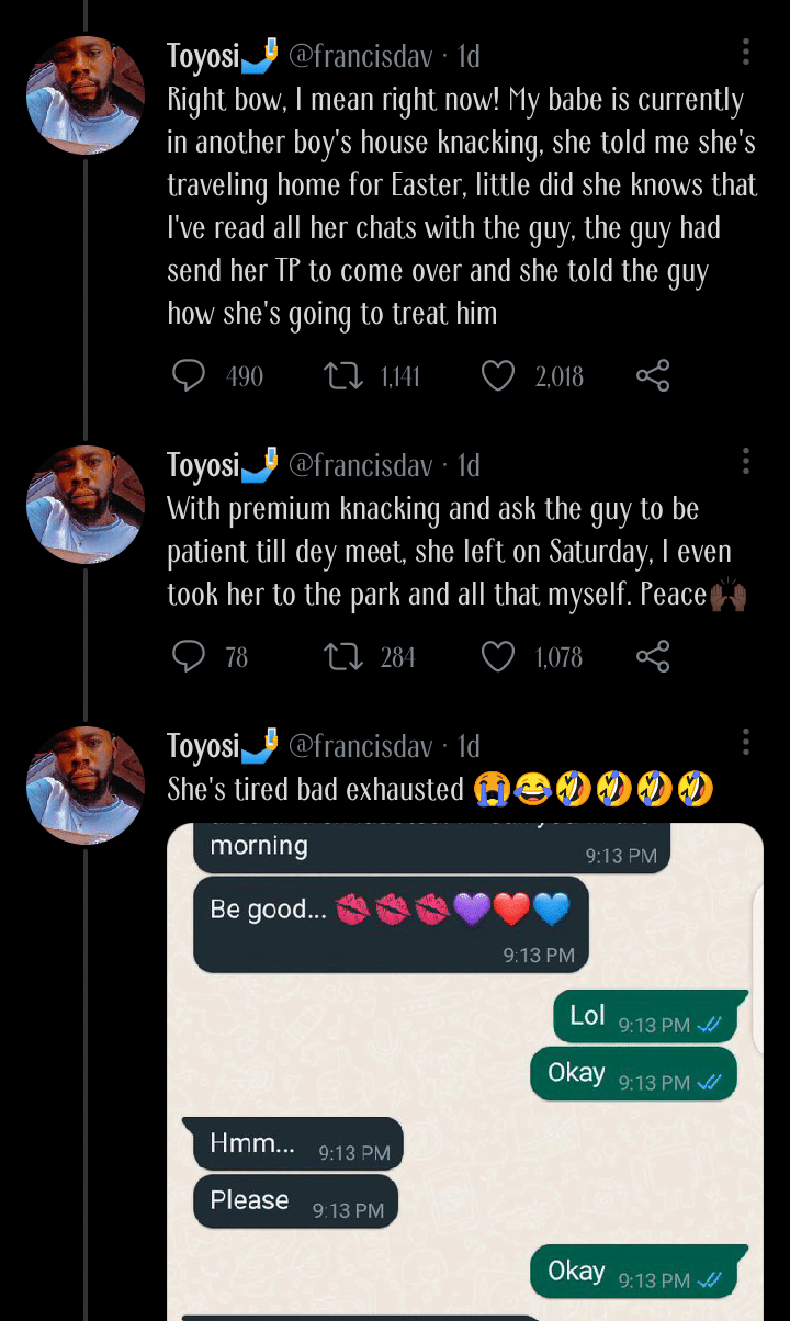 "Right now, my babe is currently in another boy's house knacking" - Heartbroken man rants in pain (Screenshots)