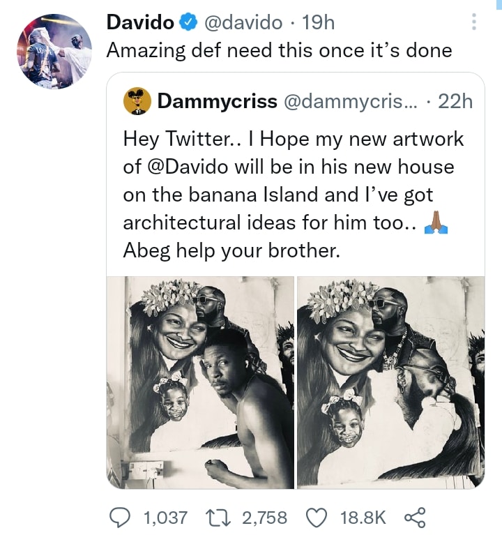 Davido reaches out to talented artist making a beautiful portrait of him, his daughter and late mum