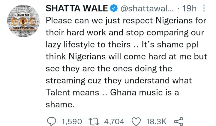 “Ghana music is a shame” – Shatta Wale says as he hails Nigerians months after accusing them of not supporting Ghanaian artistes