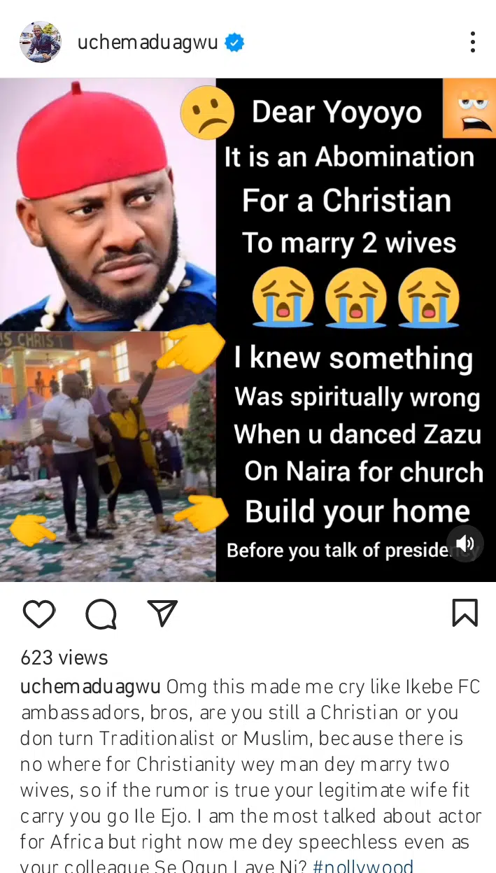 "That is an abomination" - Uche Maduagwu slams Yul Edochie for taking second wife, reminds him of legal implications