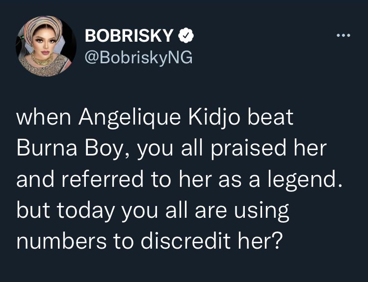 "When Angelique Kidjo beat Burna Boy, you all praised her" - Bobrisky addresses double standard over Wizkid's Grammy loss