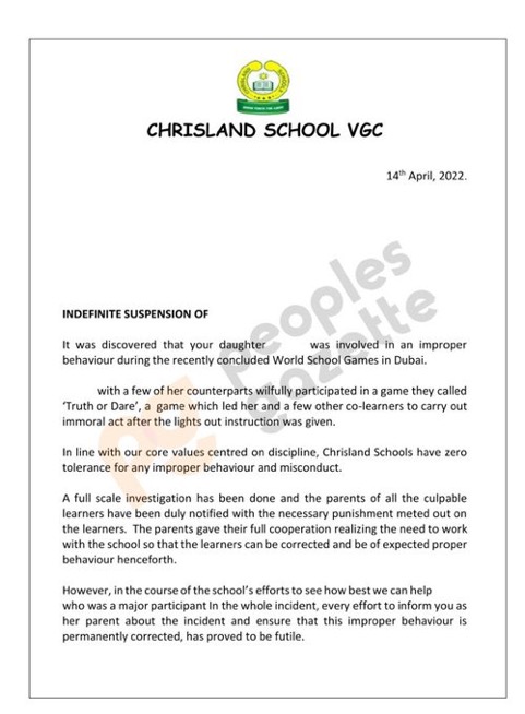 "It was a willful 'truth and dare' game" - Chrisland school breaks silence, suspends 10-year-old abused female student