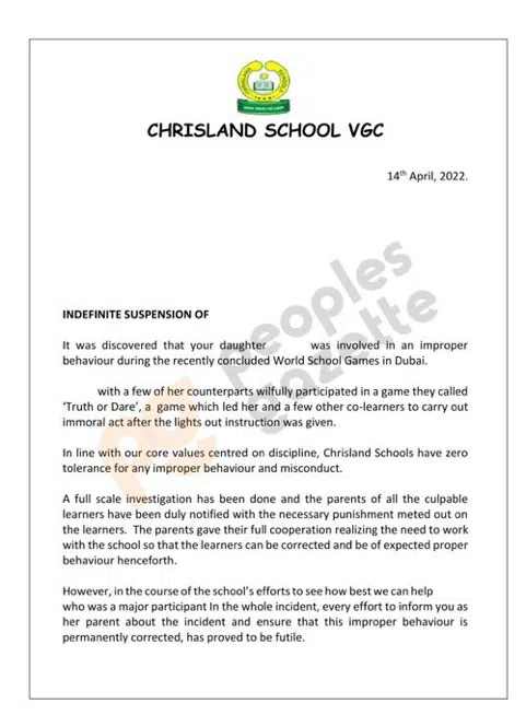"It was a willful 'truth and dare' game" - Chrisland school breaks silence, suspends 10-year-old abused female student