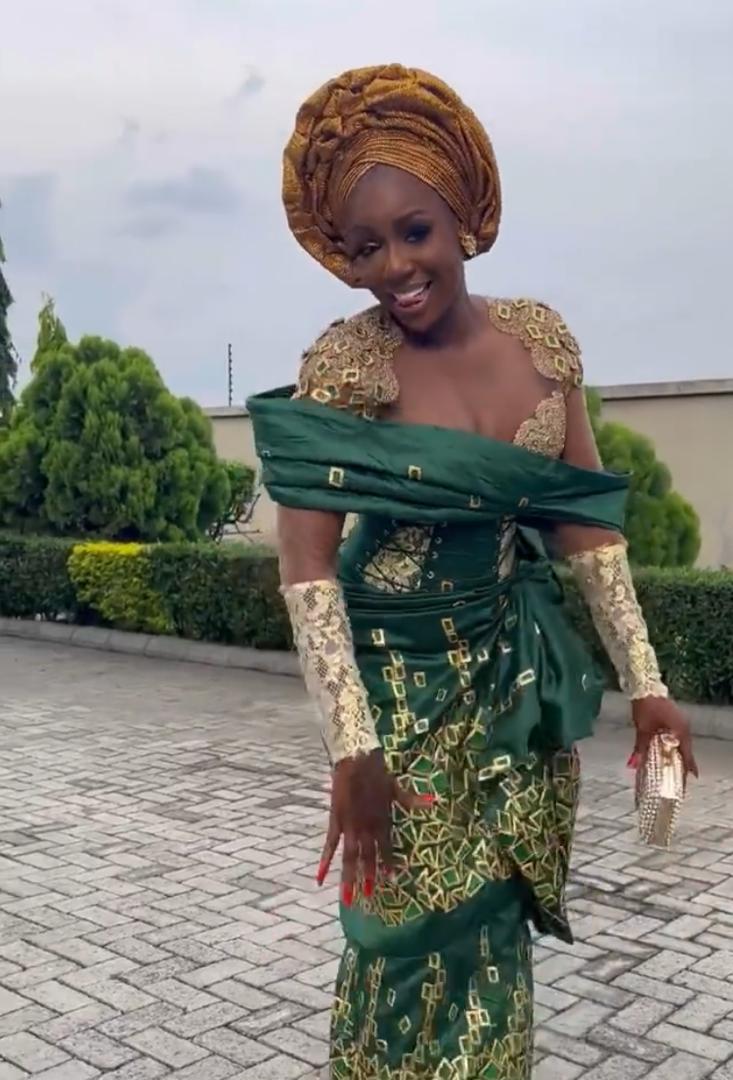 Tolanibaj lambasts netizens over backlash trailing her dress to Rita Dominic's wedding (Video)