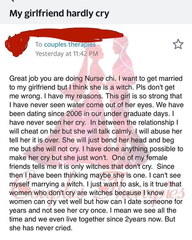 Man set to break up with girlfriend after 16 years of dating without ever seeing 'tears in her eyes'