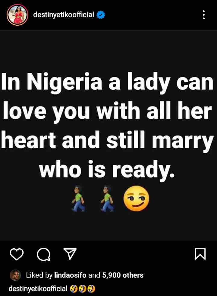 Why a lady can love a guy with all her heart and still marry someone else - Destiny Etiko reveals