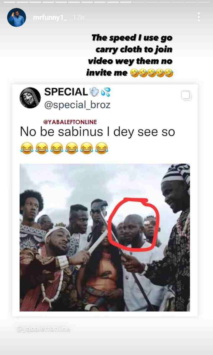 "I go carry cloth join video wey them no invite me" - Sabinus reacts after being spotted with Davido in old video