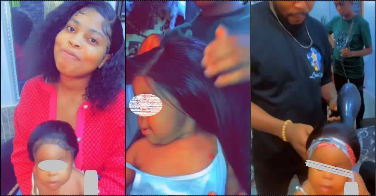 "When a child gives birth to a child" - Lady bashed for fixing wig on a year old child (Video)