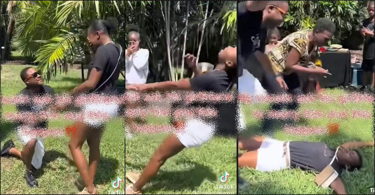 Moment lady collapses after being proposed to by boyfriend (Video)