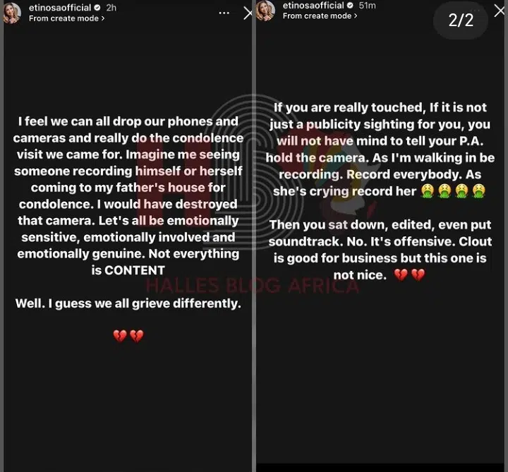 Ada Ameh: "I would've destroyed that camera" - Etinosa Idemudia blasts Real Warri Pikin for recording herself during condolence visit