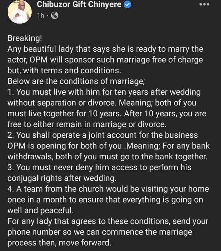 "No divorce until 10 years after marriage" - Apostle Chibuzor Chinyere issues conditions to any lady interested in marrying Kenneth Aguba
