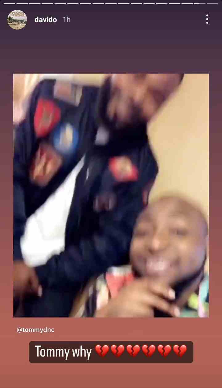 Davido in pain as he loses close friend, Tommy 