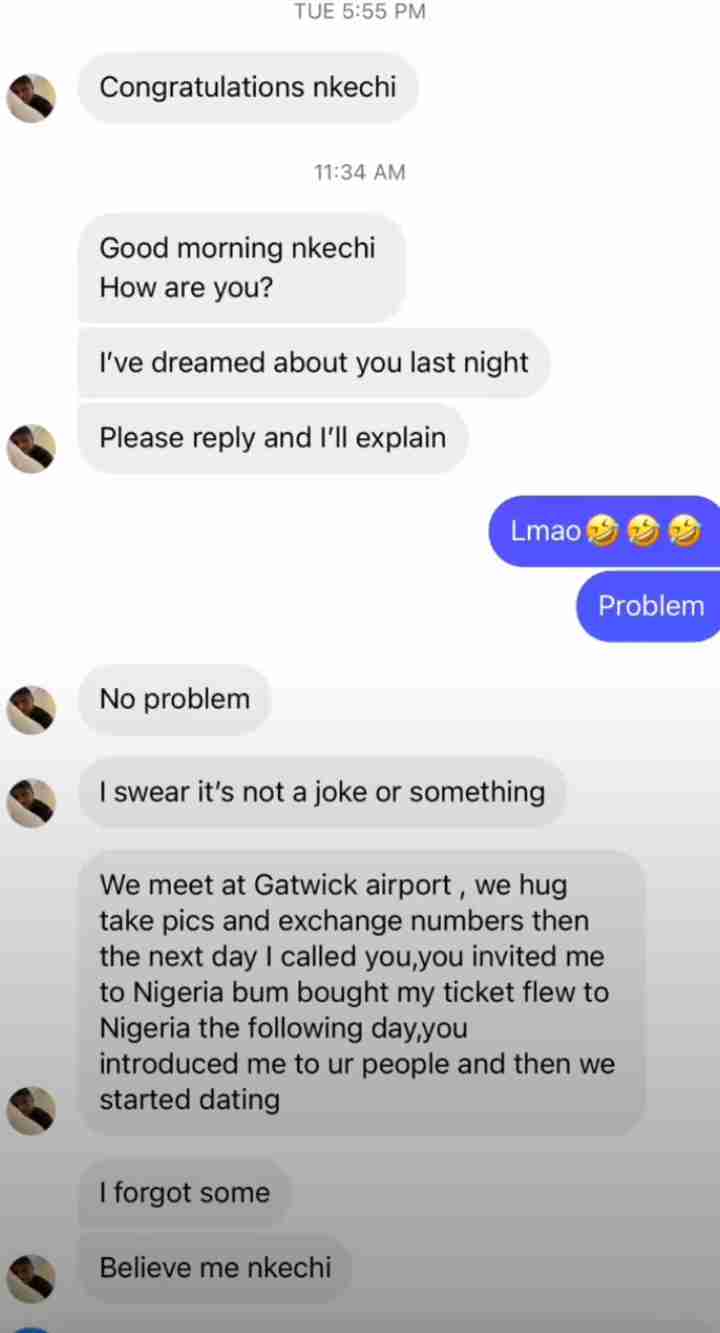 Nkechi Blessing shares chat with Gambian man who they dated in his dream