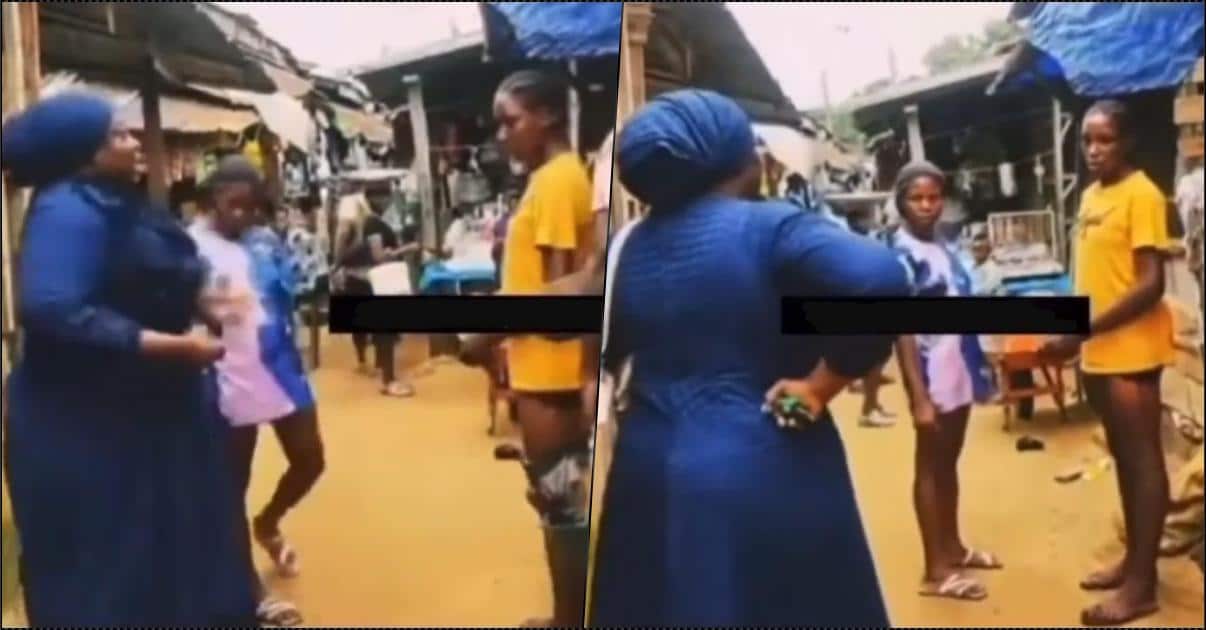 Drama as female preacher aggressively confronts young girls in market over indecent dressing (Video)