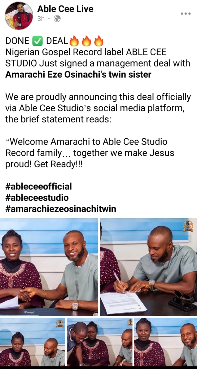 Late Osinachi Nwachukwu's twin sister, Amarachi bags managerial deal with gospel record label