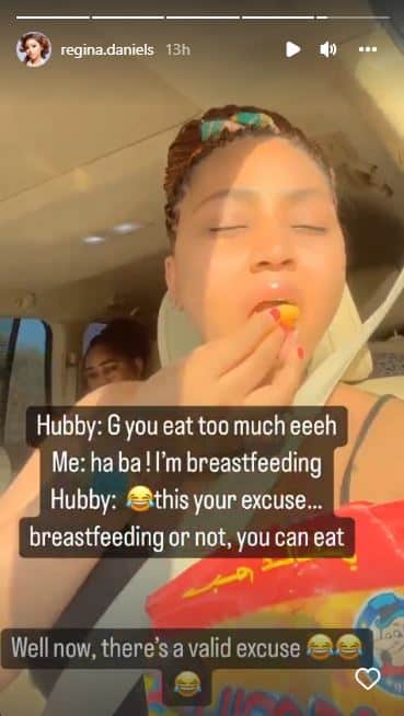 Regina Daniels reveals what she tells husband, Ned whenever he complains about her eating habit