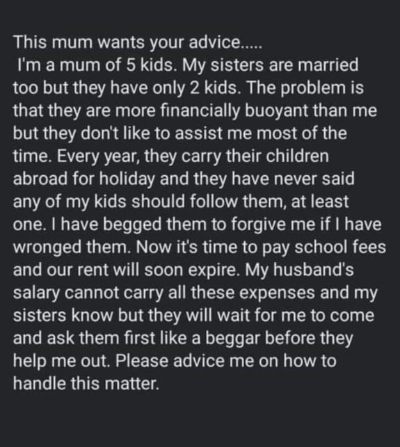 "They carry their children abroad but never asked to take mine" - Mother of five calls out sisters with two kids