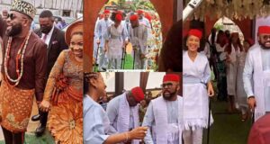 Moment Banky W and wife, Adesua stole the show at Mercy Chinwo's traditional marriage with their grand entrance (Video)