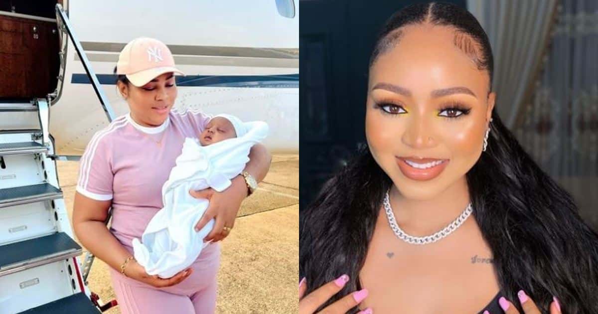"Person wey never open eye don enter private jet" - Reactions as Regina Daniels, new born, mom, touches down Nigeria from Jordan following childbirth