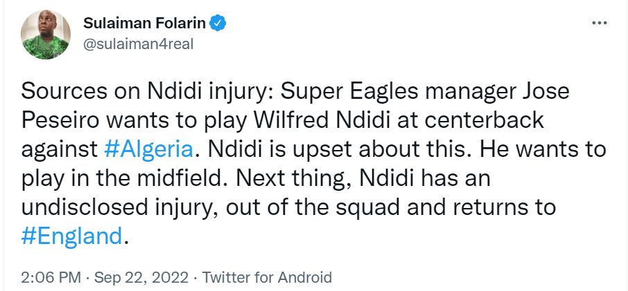 You didn't check your facts - Ndidi tackles journalist who said he feigned injury