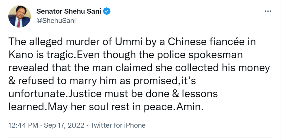 Senator Shehu Sani explains why a Chinese man stabbed a young Kano girl to death