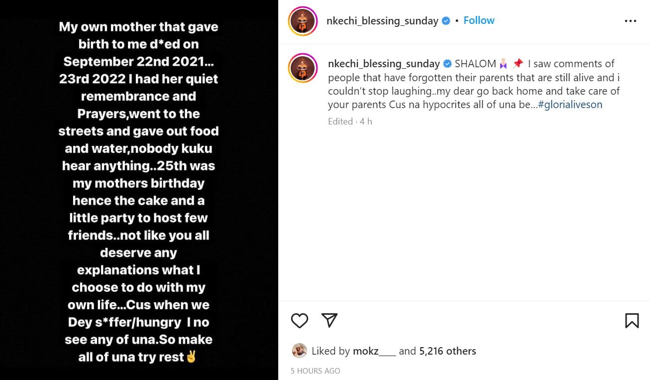 Some of you have forgotten your parents are still alive - Nkechi Blessing Sunday reacts after being called out for giving out dildos at her mother's memorial