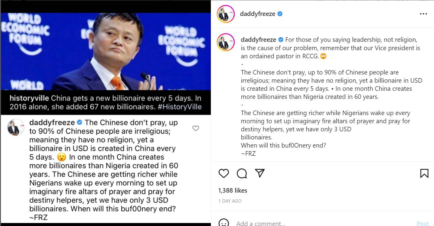 We have been praying for 60 years, in what way has Nigeria improved - Daddy Freeze replies Acapella after he told him to stop criticizing people who pray