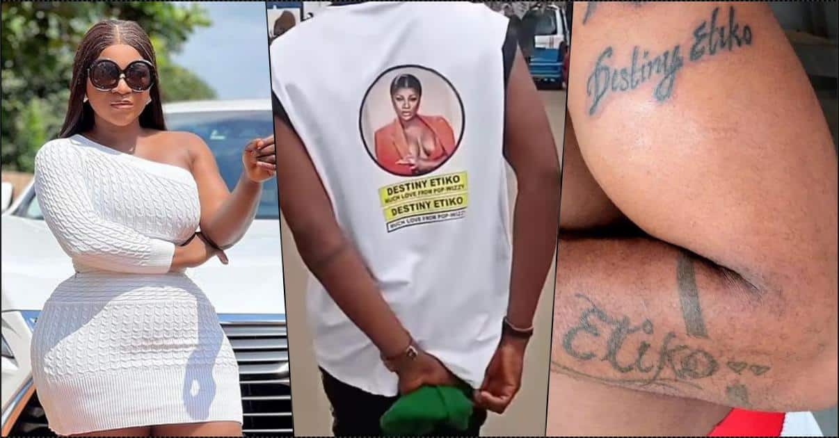 "Marry him, it is worth it" — Speculations as fan inks tattoo of Destiny Etiko's name, wears outfit with her face on it (Video)