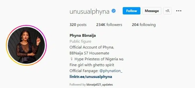 BBNaija Phyna Instagram Verified