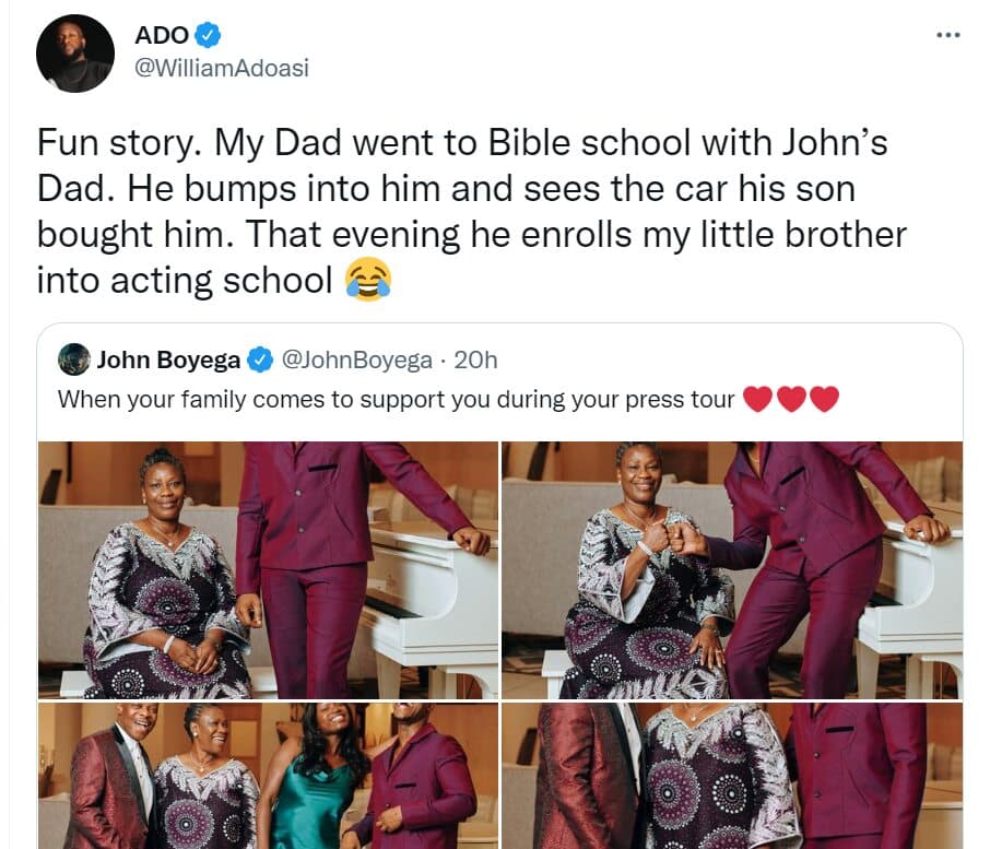 He enrolled my younger brother in acting school - DJ Adoasi reveals what his did after seeing the car John Boyega bought his father