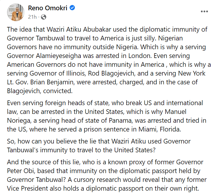 Atiku did not use Governor Tambuwal’s immunity to visit US - Reno Omokri