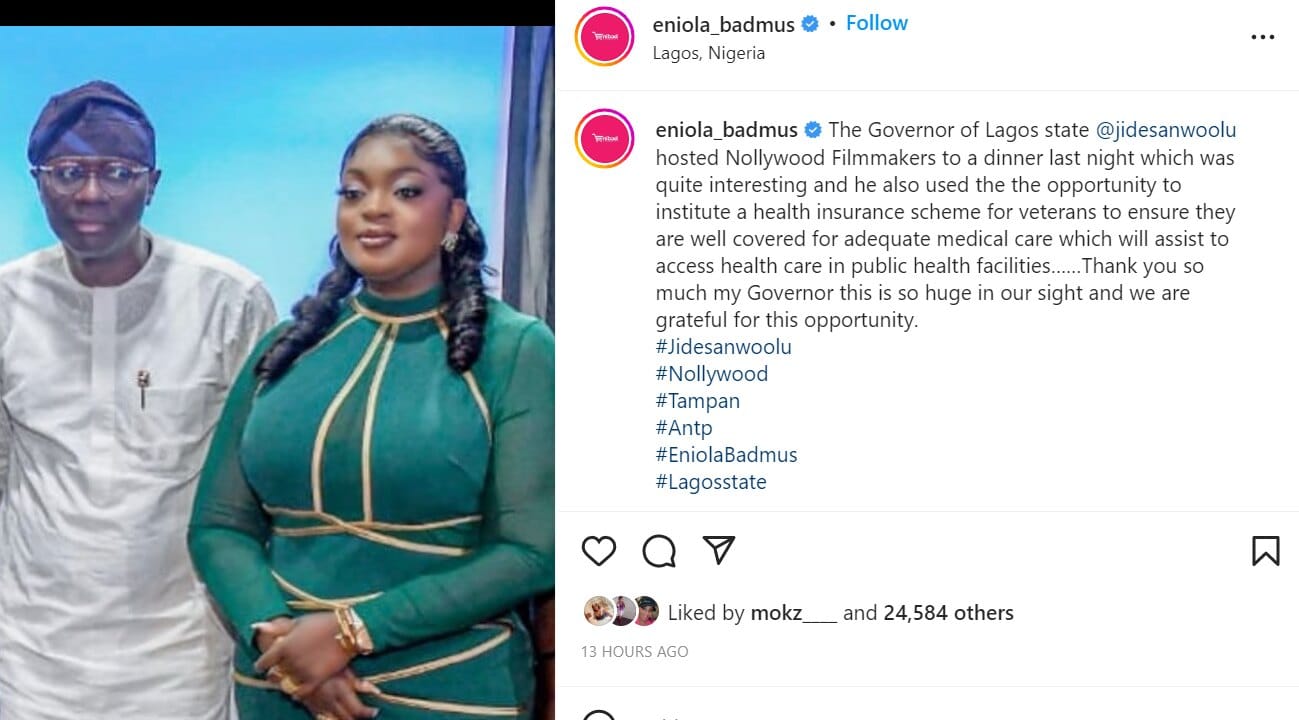 Governor Sanwo-Olu has launched a health insurance scheme for Nollywood veterans - Eniola Badmus reveals