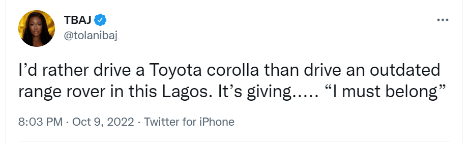 I’d rather drive Toyota Corolla than drive outdated Range Rover in Lagos - Tolani Baj