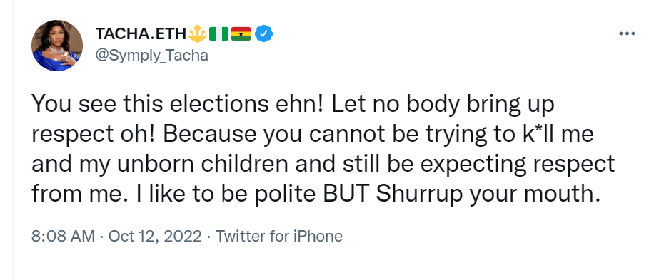 In this election, don't bring up respect - Tacha tells politicians and their supporters