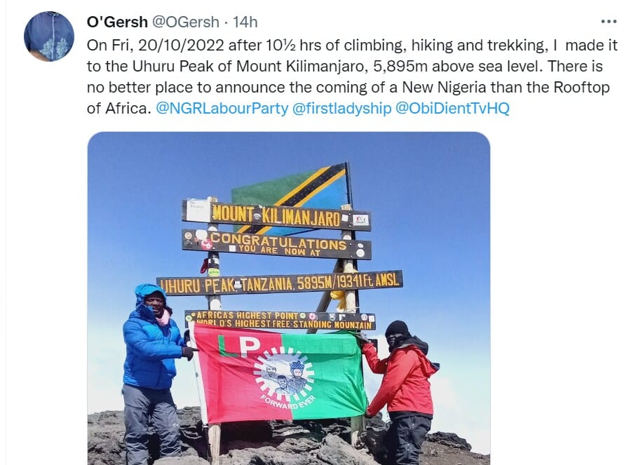 Labour Party supporter climbs to the top of Mount Kilimanjaro to hang the party's flag